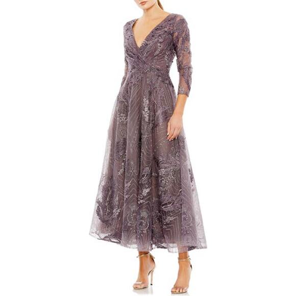 Mac Duggal Beaded Floral Grey Polyester A-Line Cocktail Dress Size 14 - Picture 1 of 5